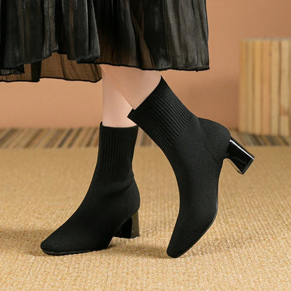 Women's Knitted Sock Boots – Pointed Toe High Heel Mid-Calf Boots, Stretch Fabric Slip-On Design for Spring & Autumn, Plus Size 43