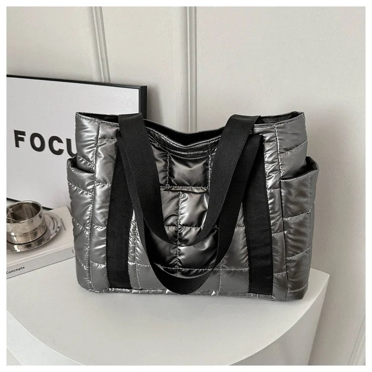 Sac à bandoulière matelassé pour femmes – Grand sac fourre-tout en nylon pour l'hiver 2025, motif en coton chaud, sac à main de voyage décontracté et tendance