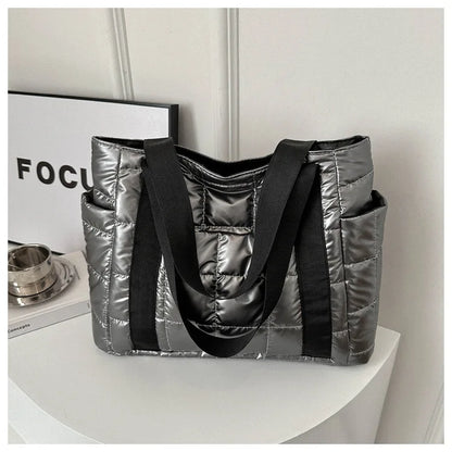 Sac à bandoulière matelassé pour femmes – Grand sac fourre-tout en nylon pour l'hiver 2025, motif en coton chaud, sac à main de voyage décontracté et tendance