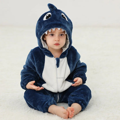 Halloween Dinosaur Baby Romper – Warm Fleece Hooded Kigurumi Pajamas & Animal Jumpsuit for Baby Boys & Girls, Cozy Winter Costume 0-4T