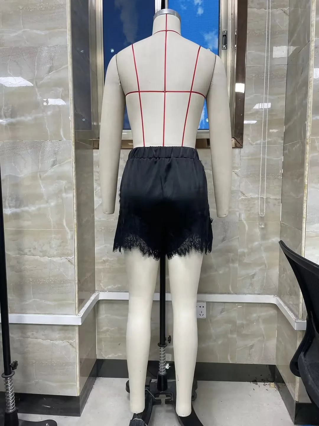 Pantalones cortos de mujer con cordón elástico en la cintura y patchwork de encaje, informales para el verano y el descanso
