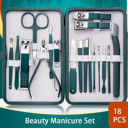 Juego profesional de manicura y pedicura de acero inoxidable de 6 a 18 piezas con estuche de viaje de piel – Kit de uñas y aseo para hombres y mujeres