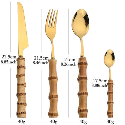 Ensemble de couverts 24 pièces avec manche en bambou – Ensemble de couverts en acier inoxydable avec manches en bois naturel, ustensiles de table pour cuisine, salle à manger, steak et dressages de table