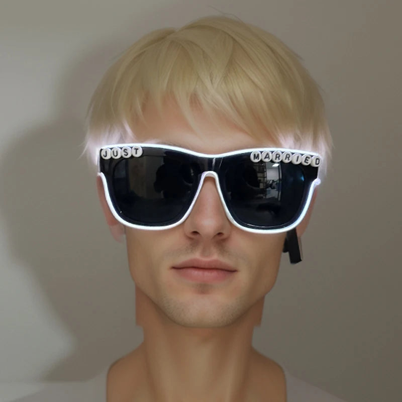 Just Married LED Heart Glasses – Light-Up EL Neon Glasses for Weddings, Engagements & Bridal Showers