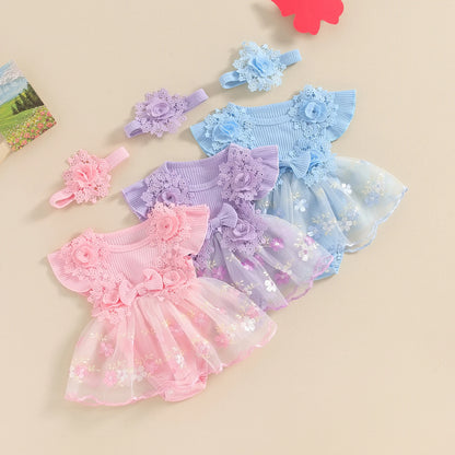 Vestido de mameluco 3D con flores para bebé – Body de malla de princesa de verano con volantes de encaje, conjunto de recién nacido con diadema a juego, ropa linda para niños para ocasiones especiales y uso diario