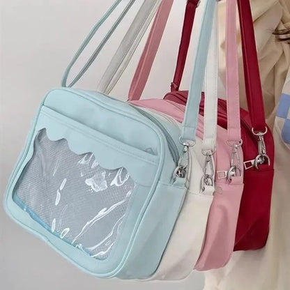 Bolso japonés Harajuku Ita – Bolso bandolera de piel sintética con bolsillo transparente para mujeres y estudiantes de secundaria, bolso de estilo uniforme JK, bolso de almacenamiento de moda Kawaii para coleccionistas y uso diario