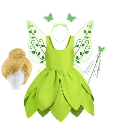 Tinker Bell Fairy Dress for Girls – Fantasy Forest Elf Green Leaf Cosplay Costume for Baby & Kids, Halloween Dress-Up