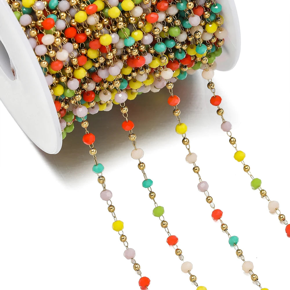 Cadena de Cuentas de Cristal de Acero Inoxidable de 1 m para Fabricación de Joyas – Cadena con Clip Multicolor para Collares, Pulseras y Manualidades DIY
