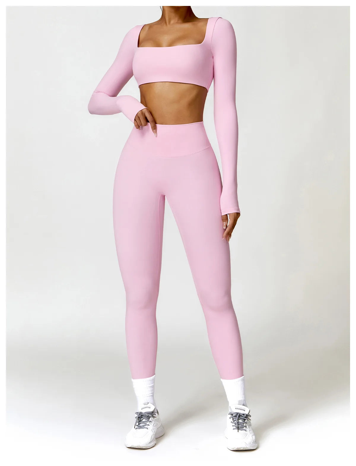 Women’s Square Neck Sports Crop Top – Long Sleeve Quick-Dry Gym Yoga Fitness Activewear