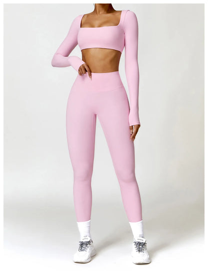 Women’s Square Neck Sports Crop Top – Long Sleeve Quick-Dry Gym Yoga Fitness Activewear