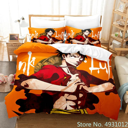 One Piece Luffy 3-Piece Bedding Set – 3D Cartoon Anime Duvet Cover & Pillowcase Set for Kids, Boys, Teens & Adults