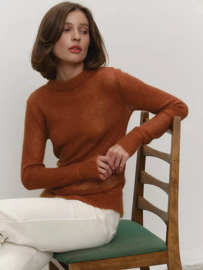 Women’s Classic Mohair Knitted Sweater Top Spring Summer Loose O-Neck Micro Sheer Cool Knit Shirt