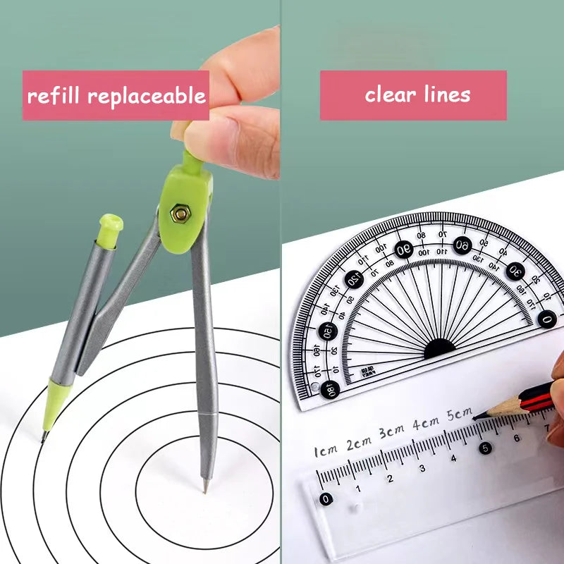8PCS Geometry Set – Compass & Ruler Mathematical Drawing Kit with Pencil for Students School Supplies