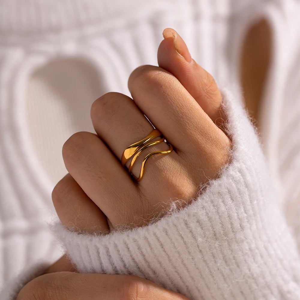 Bague creuse ajustable plaquée or 18 carats - Bague de mode minimaliste en acier inoxydable pour femme