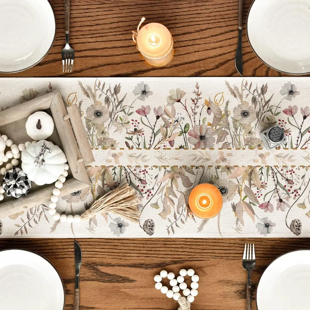 Spring Wildflower Floral Linen Table Runner – Reusable Leaves Flower Farmhouse Table Decor for Kitchen, Dining, Wedding & Party