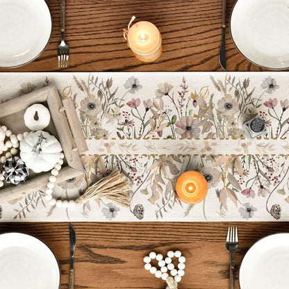 Spring Wildflower Floral Linen Table Runner – Reusable Leaves Flower Farmhouse Table Decor for Kitchen, Dining, Wedding & Party
