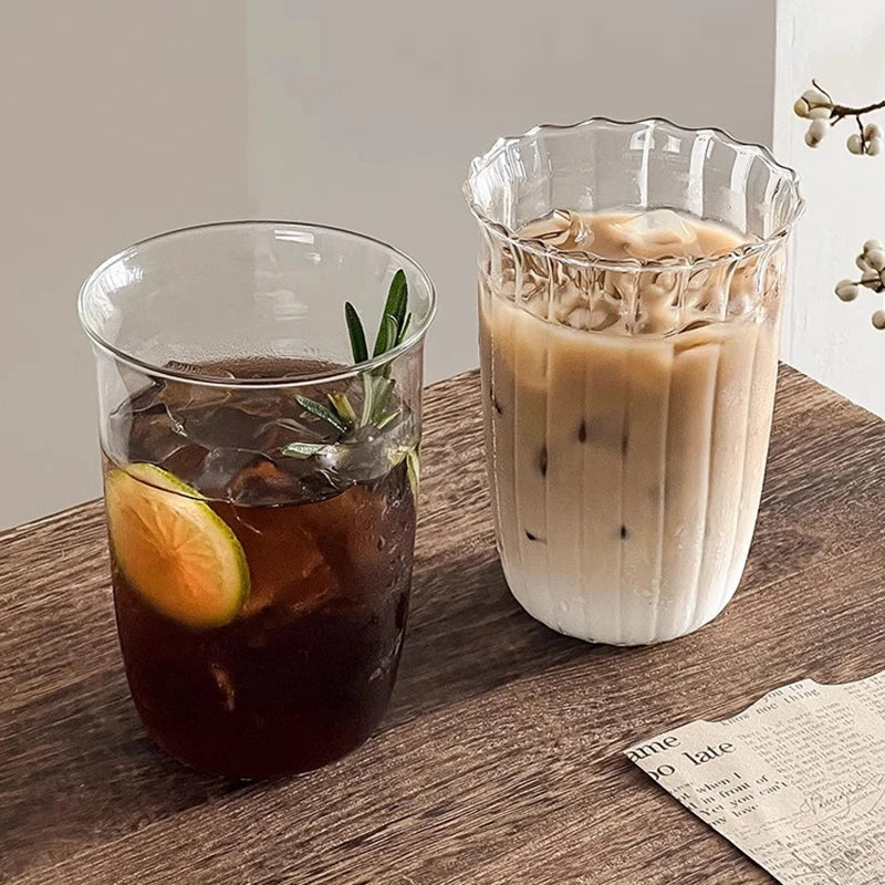 INS Style Transparent Striped Glass Cup, Creative Cold Coffee Mug, Iced Juice and Cocktail Drinking Glass, Elegant Water and Wine Cup, Modern Glass Drinkware