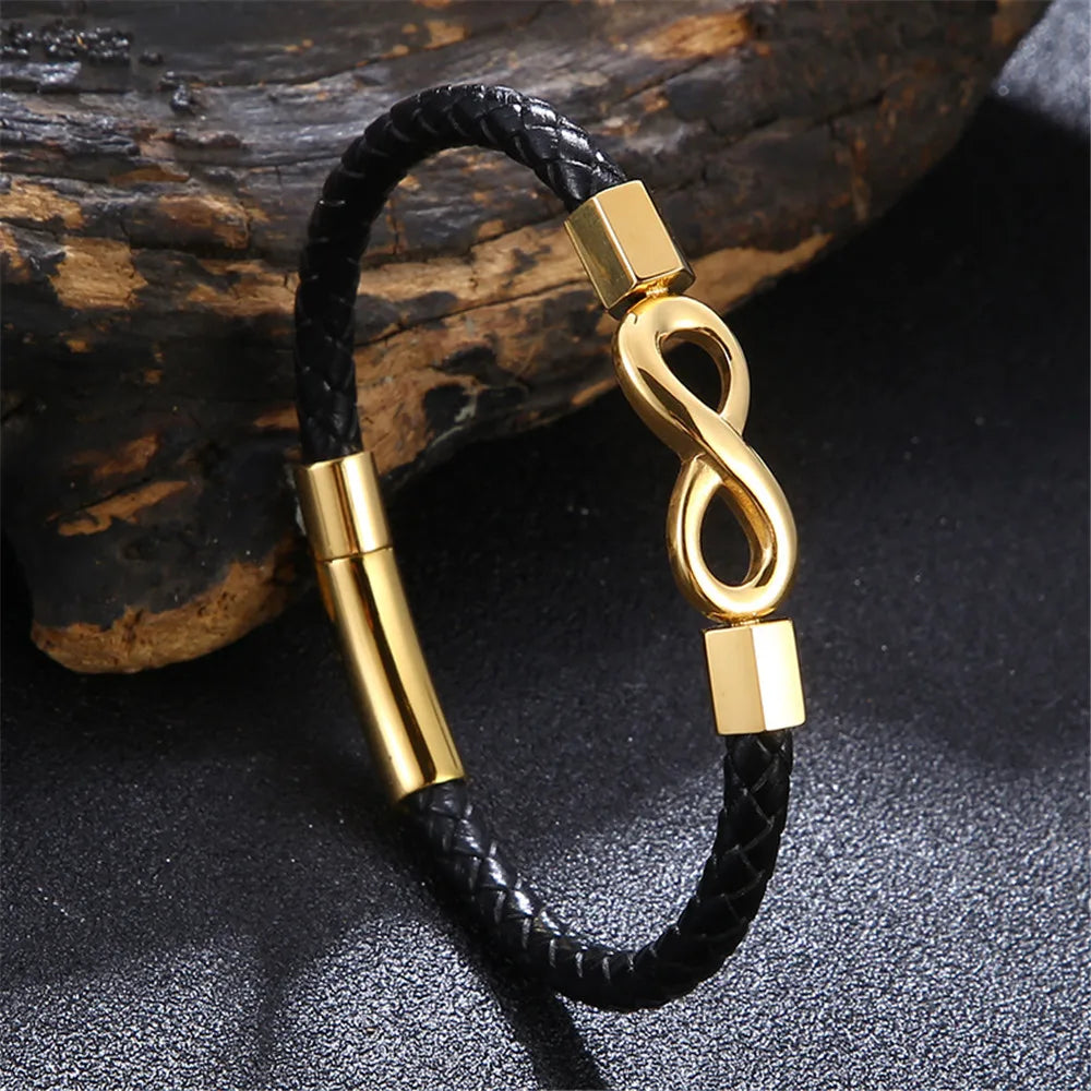 MKENDN Classic No. 8 Infinity Bracelet – Unisex Braided Leather Wristband with 316L Stainless Steel Details, Fashion Jewelry Gift