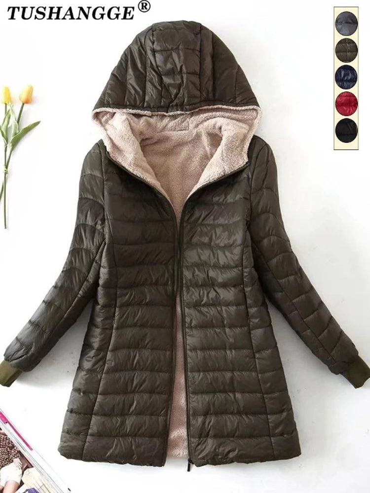 Women’s Korean-Style Mid-Length Hooded Coat – Warm Cotton Parka with Lamb Fleece, Casual Office Jacket for Autumn & Winter