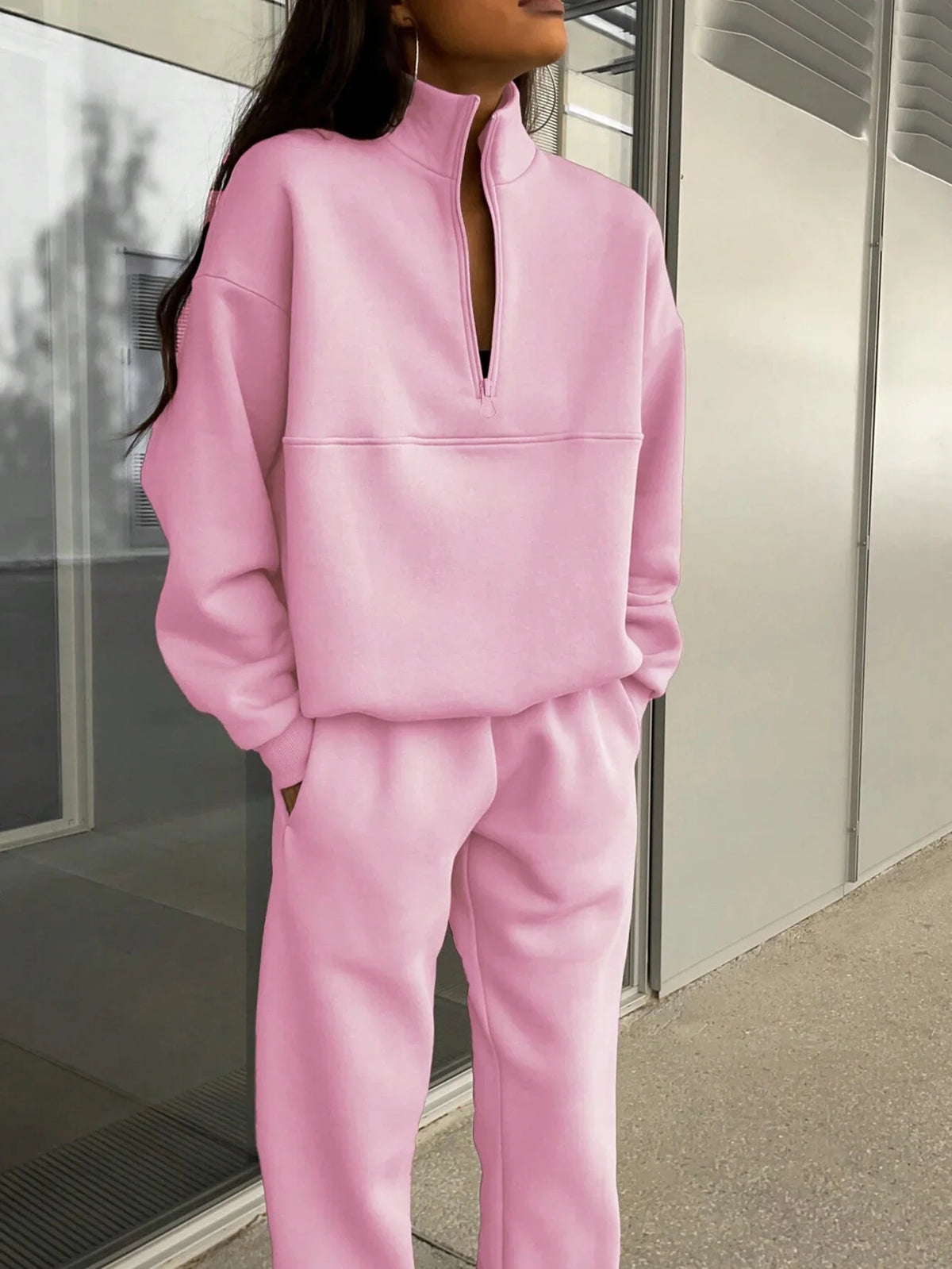 FSMG Women’s Casual 2-Piece Tracksuit Set – Half High Neck Long Sleeve Zip Pullover & Elastic Waist Pants, Solid Sport Outfit