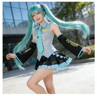 Green Ponytail Anime Cosplay Wig & Costume Set – Virtual Singer Roleplay Outfit with Top & Skirt for Comic Con, Party & Halloween Props