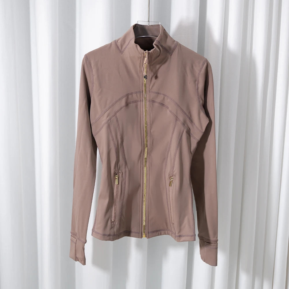 Women’s Gold Zipper Yoga Jacket – Stand Collar Slim Fit Quick-Dry Breathable Sports & Running Activewear