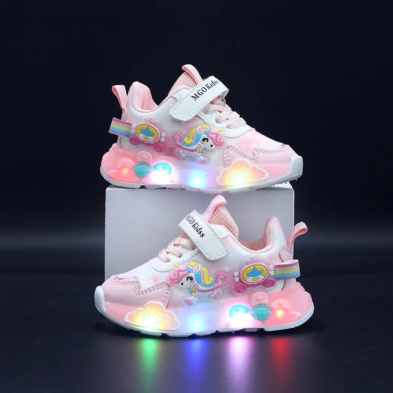 Girls' Light-Up Rainbow Pony Shoes – Soft-Sole Sports Sneakers with Flashing LED Lights for Spring & Autumn, Running & Casual Wear, Ages 1-6