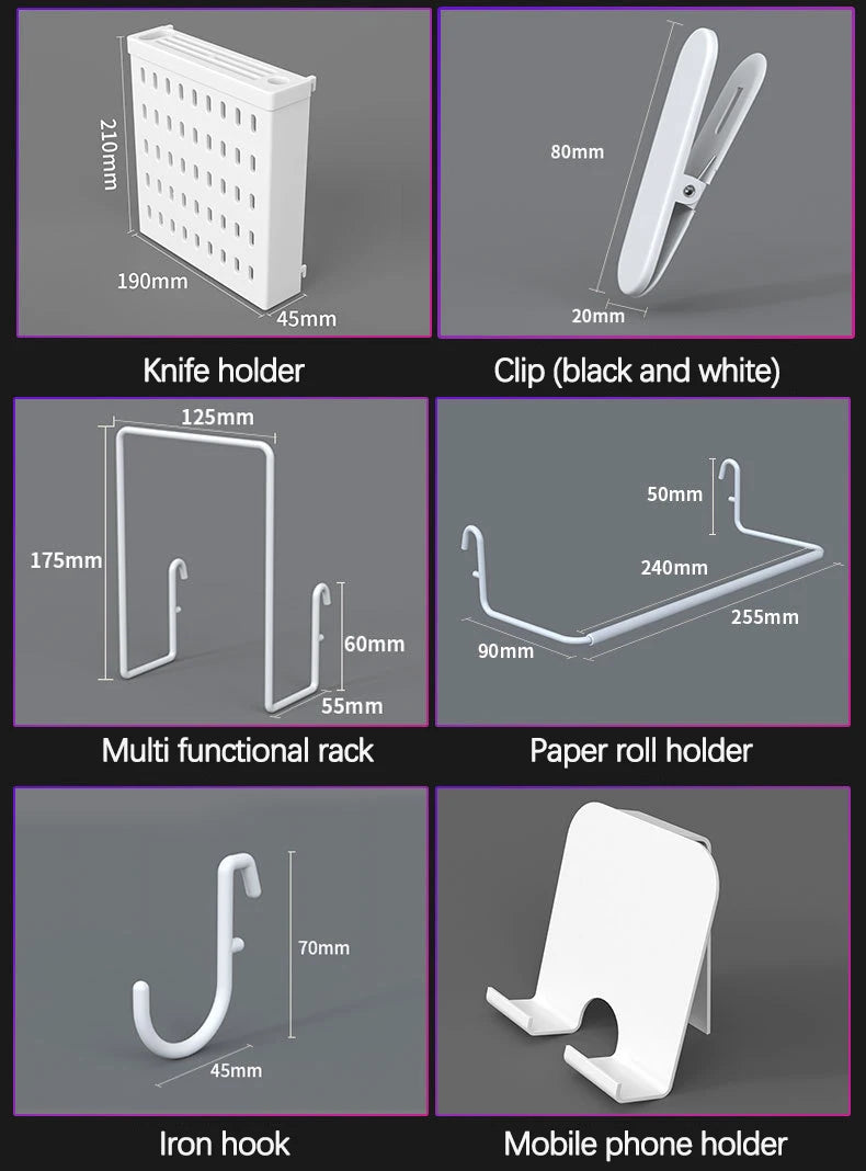 Organizador de pared de tablero perforado sin taladros – Panel de almacenamiento modular con estantes y accesorios para cocina, baño y sala de juegos