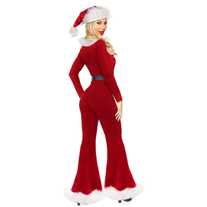 Women's Christmas Costume Jumpsuit Set with Santa Hat, Cute Long Sleeve Flared Leg Holiday Outfit, Santa Claus Cosplay Costume for Christmas Parties, Role-Playing Events and Festive Celebrations