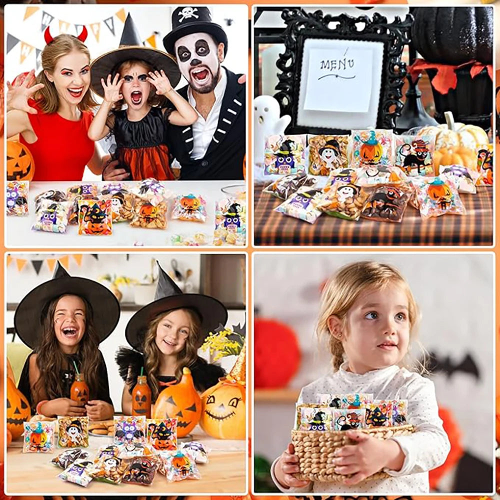 100PCS Halloween Self-Adhesive Treat Bags – Clear Candy & Cookie Packaging Bags for Kids’ Birthday Parties, Party Favors & Gifts