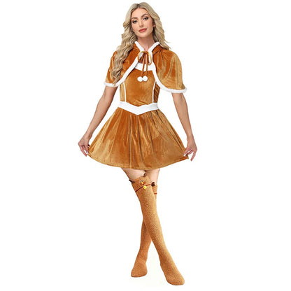 Women's Christmas Reindeer Costume Hooded Cape, Cute Santa Girl Deer Elk Cosplay Outfit for Christmas, New Year Parties, Stage Performances and Holiday Dress-Up Events