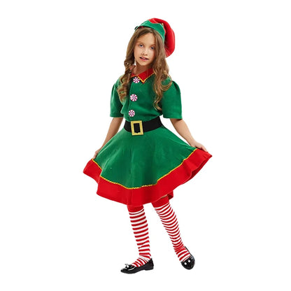 Kids Green Christmas Elf Costume Set, Boys and Girls Santa Claus Cosplay Fancy Dress, Festive Holiday Outfit for Xmas Parties, Carnival Events, Halloween and Christmas Celebrations