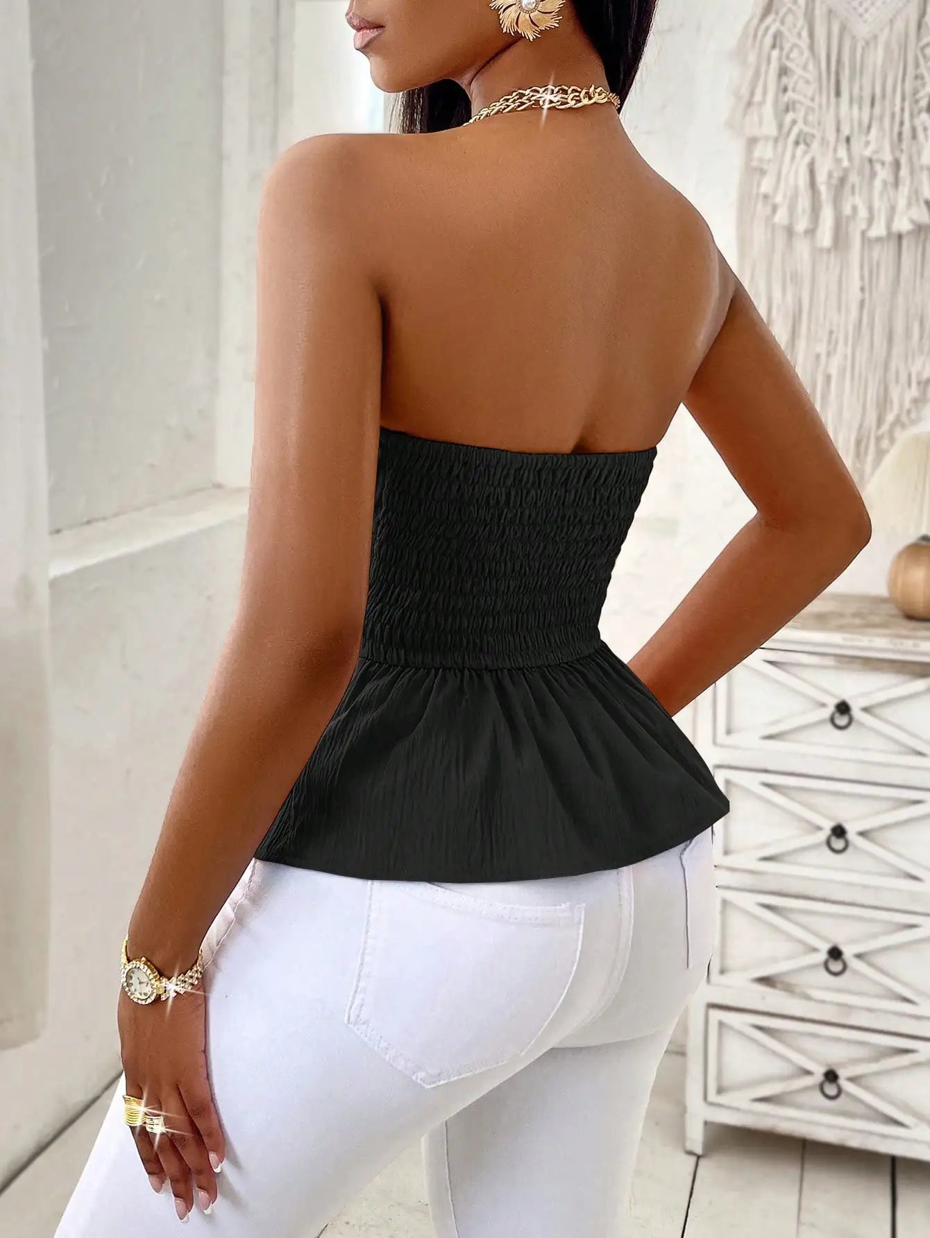 Top Peplum Strapless para Mujer – Elegante Blusa Cruzada con Cinturón para Vacaciones, Oficina y Uso Casual
