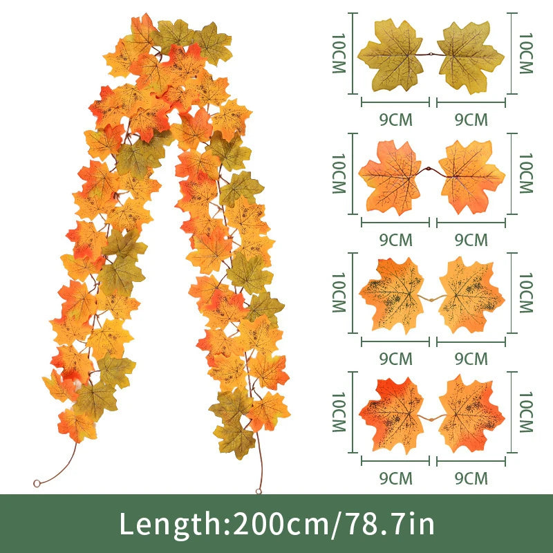 2M Artificial Maple Leaf Garland – Faux Fallen Leaves Autumn Rattan Decor for Thanksgiving, Halloween, Wedding, Christmas & Holiday Festivals