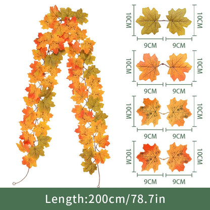 2M Artificial Maple Leaf Garland – Faux Fallen Leaves Autumn Rattan Decor for Thanksgiving, Halloween, Wedding, Christmas & Holiday Festivals