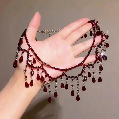 Red Teardrop Tassel Pearl Beaded Necklace – Multi-Layer Collarbone Chain for Women, Dark Elegant Statement Jewelry with Unique Design