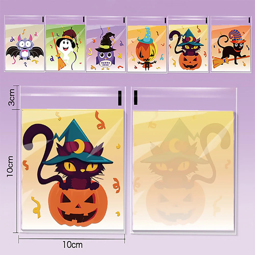 100PCS Halloween Self-Adhesive Treat Bags – Clear Candy & Cookie Packaging Bags for Kids’ Birthday Parties, Party Favors & Gifts