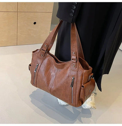 Women’s PU Leather Shoulder Bag – 2026 Fashion Handbag with Soft Interior Compartment, Contrast Color Design, Zipper Closure, Stylish Everyday Purse for Work, Travel & Casual Use