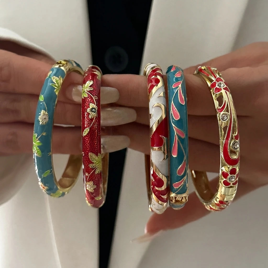 Elegante pulsera de esmalte de flores con circonitas – Pulsera retro chapada en oro con ojo turco floral para mujer | Joyería de moda para fiesta