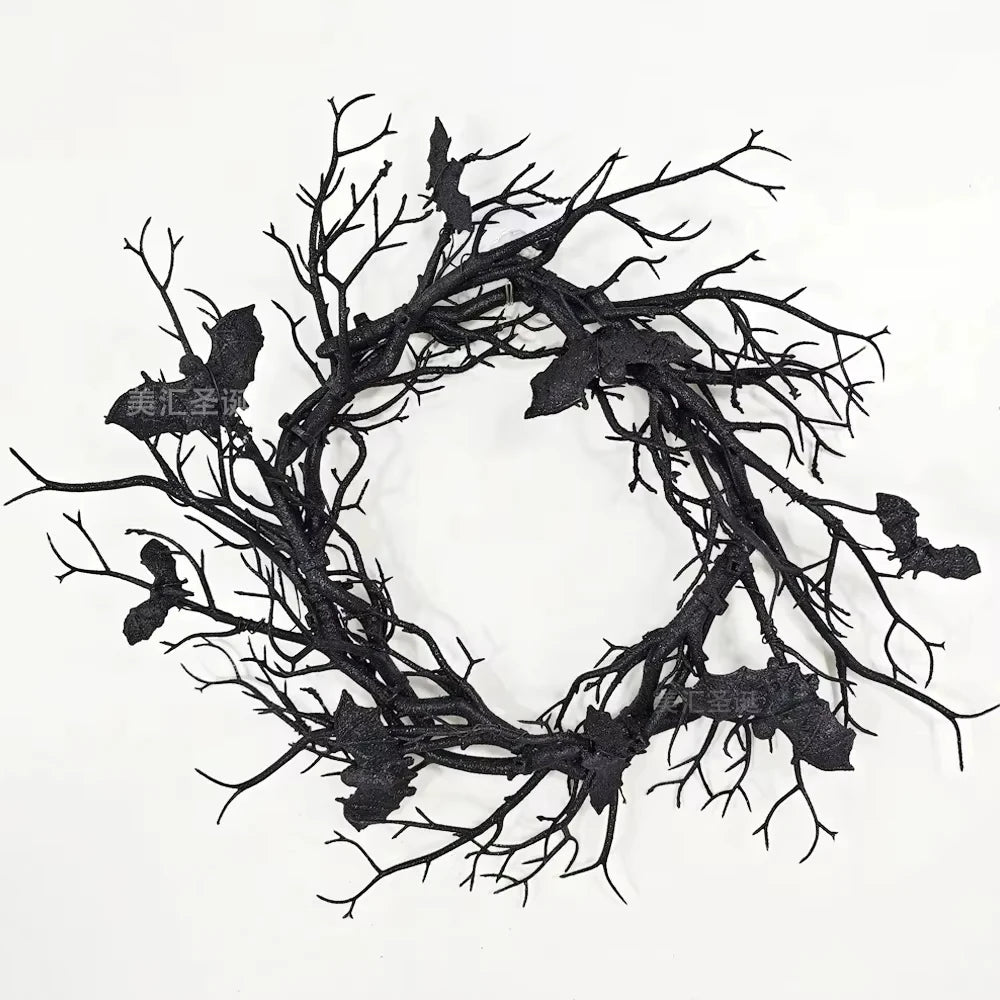 Halloween Artificial Bat Wreath – Black Branch Wreath with LED Lights for Front Door, Window, Home & Spooky Halloween Decorations