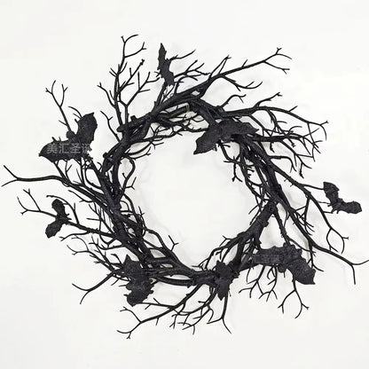 Halloween Artificial Bat Wreath – Black Branch Wreath with LED Lights for Front Door, Window, Home & Spooky Halloween Decorations