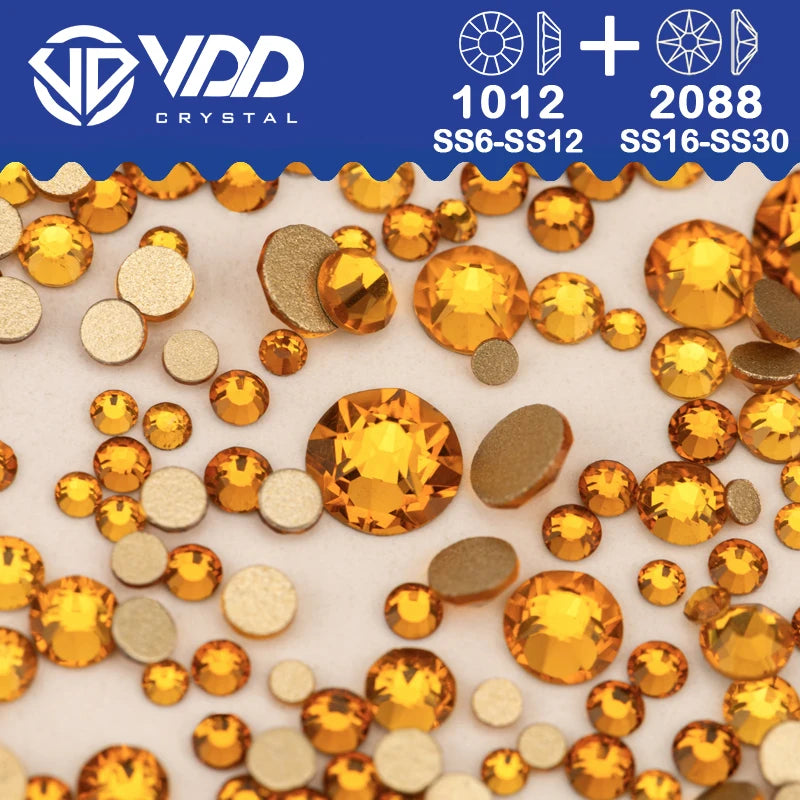VDD Piedras Preciosas de Cristal Doradas de Fondo Plano – 2088 Cristales de Strass para Arte de Uñas, Manualidades y Decoraciones DIY