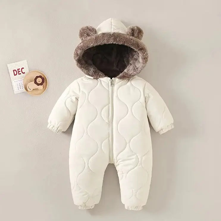 0-3 Years Baby Hooded Fleece Onesie – Warm Cotton Autumn & Winter Romper, Solid-Color Newborn Crawling Suit for Infants & Toddlers