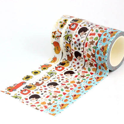 1PC 10M Fall Washi Tape – Pumpkin, Maple Leaves, Corn, Turkey & Sunflower Decorative Masking Tape for Scrapbooking, Planners & Stationery