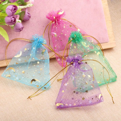 Bolsas de regalo de organza con estrellas y lunas de 25/50 piezas – Bolsitas de joyería con cordón dorado para recuerdos de boda, regalos de fiesta, empaques de dulces y almacenamiento de accesorios pequeños