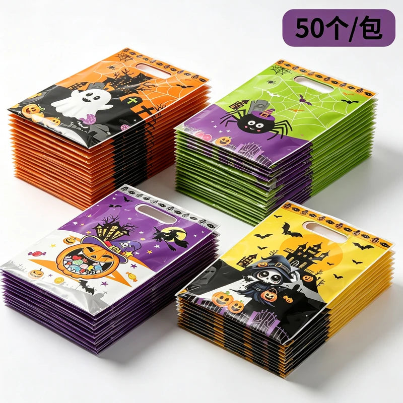 10-100PCS Halloween Candy Bags for Kids, PVC Trick or Treat Snack and Cookie Handbags, Ghost and Spider Print Gift Pouches, Halloween Party Favors and Goodie Bag Storage