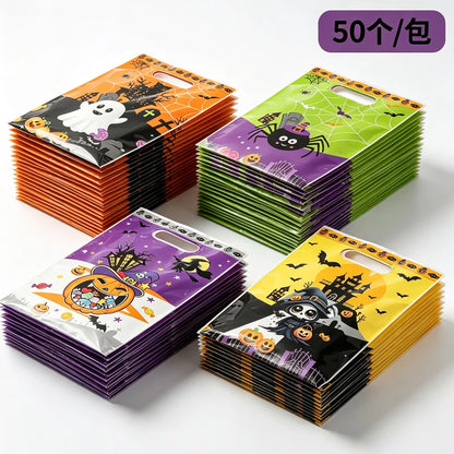 10-100PCS Halloween Candy Bags for Kids, PVC Trick or Treat Snack and Cookie Handbags, Ghost and Spider Print Gift Pouches, Halloween Party Favors and Goodie Bag Storage