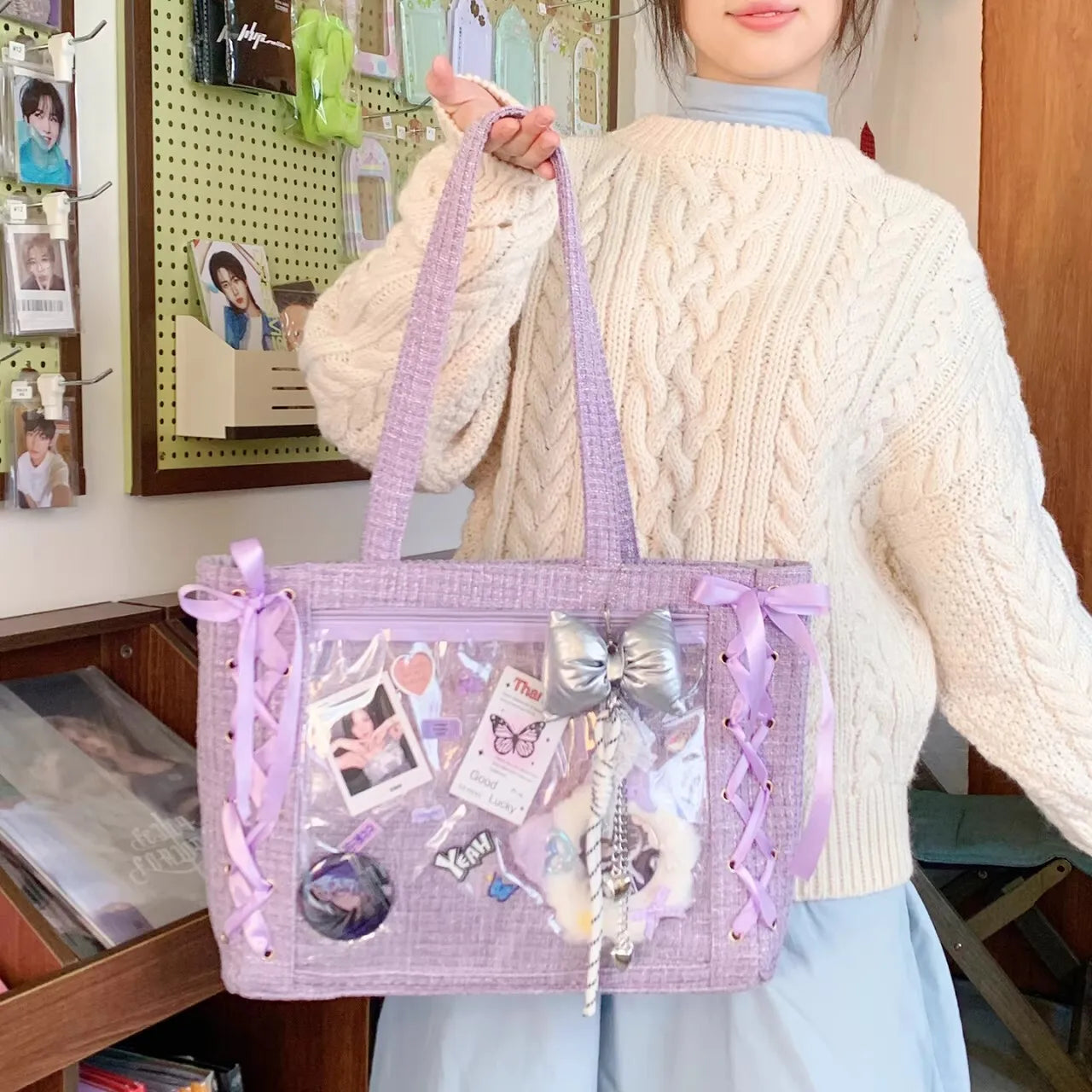 Bolsa Ita Japonesa Y2K para Mujer – Bonito Bolso de Hombro Transparente Lolita, Bolso Cruzado Grande de Exhibición DIY, Cartera de Moda Kawaii para la Escuela, Viajes y Uso Diario
