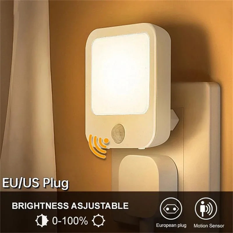 Motion Sensor LED Night Light – Dimmable EU Plug-In Cabinet & Bedside Lamp for Bedroom, Baby Room, Hallway & Bathroom