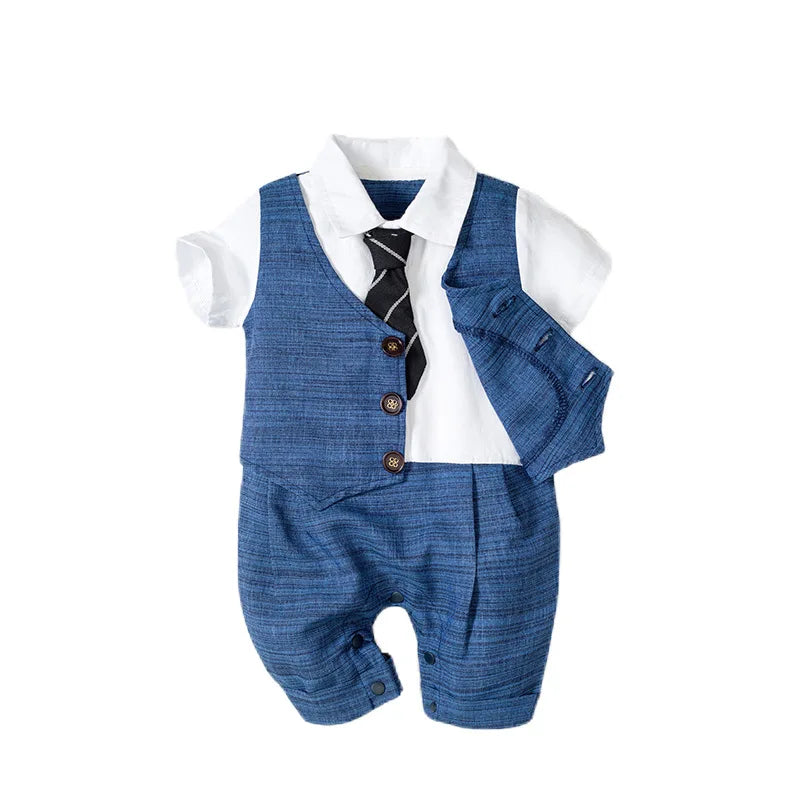 Baby Boy Gentleman Romper Set – Striped Vest Jumpsuit with Matching Tie, Formal Newborn Outfit for 3-24 Months
